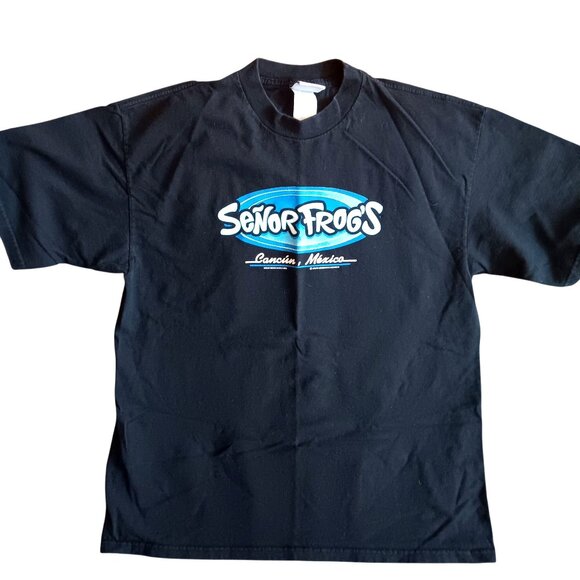 Large T-shirt Vintage Señor Frogs Cancun Mexico Black Crew Neck Cotton 1990's - Picture 1 of 5